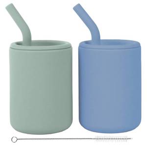 lot 15554 image: WeeSprout Silicone Baby Cups With Straws and Lids, 4 & 8 oz Options, Set of 2, Food Grade Toddler Training Container, Built In Straw Stoppers, Measurement Markings, Dishwasher Safe(MISSING STRAW CLEANER)