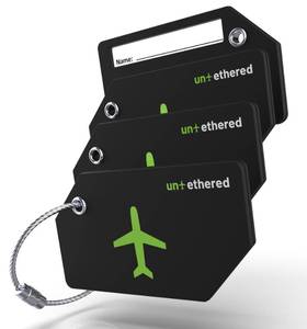 lot 15559 image: Untethered 4-Pack Luggage Tag Set  Luggage Tags, Luggage Tags for Suitcases, Bag Tag, Luggage Tags 4 Pack, Suitcase Tags, Identifiers Travel Bag Tags for Luggage, Name Travel Tags for Luggage (Black)