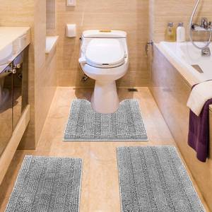 lot 15565 image: ACCUMTEK Striped Light Grey Bathroom Rug Set 3 Pieces Gray Ultra Soft, Non Slip Chenille Toilet Mat, Absorbent Plush Shaggy Bath Mats for Bathroom, Bedroom, Kitchen