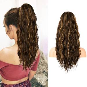 lot 15574 image: FLUFYMOOZ Ponytail Extension, 22 Inch Drawstring Ponytail Hair Extensions for Women Long Curly Wavy Ponytail Natural Wavy Synthetic Hairpiece for Women(22 Inch Brown with Blonde Highlights)