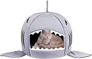 lot 15600 image: Cat Litter Hot Cat Mat Shark-Shaped House Warm Kennel Kitten Bed One Mat Two Usage Shark Bed for Small Cat Dog Cave Cozy Bed Removable Light Grey