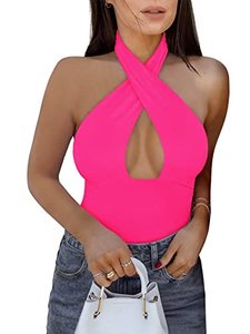 lot 15619 image: REORIA Womens Criss Cross Halter Neck Sleeveless Party Club Night Going Out Thong Bodysuits Tops Neon Rose Red X-Large