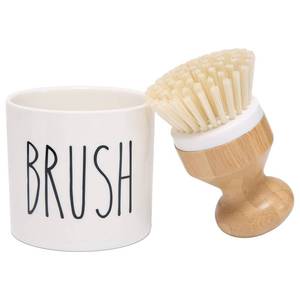 lot 15652 image: HOMCDALY Bamboo Dish Brush with Holder, Ceramic Dish Brush Holder, Kitchen Brushes for Dishes, Dish Scrub Brush, Kitchen Dish Brush and Holder, Kitchen Scrub Brush Dishwashing Brush(White)