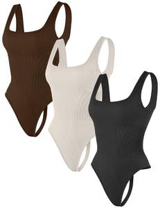 lot 15660 image: HEGALY Thong Bodysuits for Women 3 Piece Ribbed Seamless Tummy Control Shapewear Sleeveless Square Neck Tank Top