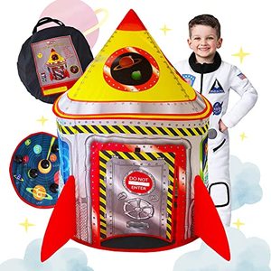 lot 15680 image: Playz 5-in-1 Rocket Ship Play Tent for Kids with Dart Board, Tic Tac Toe, Maze Game, & Immersive Floor - Indoor & Outdoor Popup Playhouse Set for Toddler, Baby, & Children Birthday Gifts