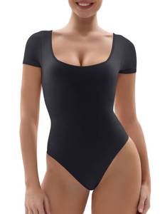 lot 15696 image: SHAPERX Seamless Short Sleeve Bodysuit for Women Tummy Control Shapewear Thong Sculpting Body Shaper,SZ5253-Black-SM
