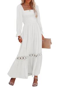 lot 15700 image: Ferlema Womens Long Sleeve Maxi Dress Summer Casual Square Neck Solid Color Boho Long Dress with Pockets White X-Large