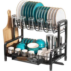 lot 15702 image: romision Dish Drying Rack for Kitchen Counter, Stainless Steel Large 2 Tier Dish Racks and Drainboard Set, Black Dish Drainer with Utensil Holder