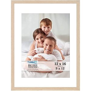 lot 15703 image: Icona Bay 12x16 Light Oak Picture Frame Fits 11x15 Photos with Mat to 9x12 Image, Modern Style Wood Composite Poster Frame, Wall Mount Only, Bliss Collection