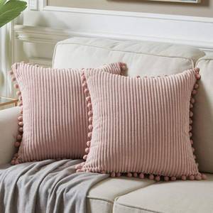 lot 15709 image: Fancy Homi Pack of 2 Blush Pink Decorative Throw Pillow Covers with Pom-poms, Soft Corduroy Solid Square Cushion Cases Set for Couch Sofa Bedroom Car Living Room (16x16 Inch40x40 cm, Blush Pink)