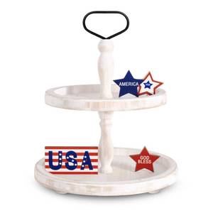 lot 15718 image: Mustry Rustic Wooden 2 Tiered Tray, Round Farmhouse Kitchen Table Decor Serving Tier Tray, Food Fruits Cupcake Display Coffee Bar Home Party Seasonal Decorations (White)