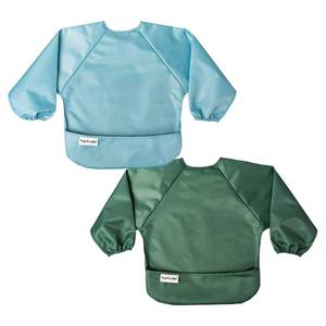 lot 15721 image: Tiny Twinkle Mess Proof Baby Bib, 2 Pack Full Sleeve Bib Outfit, Waterproof Bibs for Toddlers, Machine Washable, Tug Proof Closure, Baby Smock for Eating, Long Sleeve (Slate Olive, Small 6-24 Months)