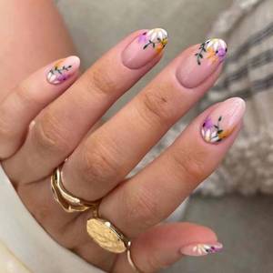 lot 15722 image: ANDGING Press on Nails Short Almond, Fake Nails for Women with Glossy Flower Leaf Design, Acrylic Petite Glue on Nails Full Cover False Nails, Cute Stick on Nails for Wedding Birthday 24Pcs