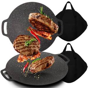 lot 15739 image: 2 Pcs Korean BBQ Grill Pan 6 Layer Coating Non Stick Grill Round Griddle Pan with 2 Pcs Cover Bag for Gas Open Fire Camping Home Outdoor Stoves, Circular Size 13 Inches