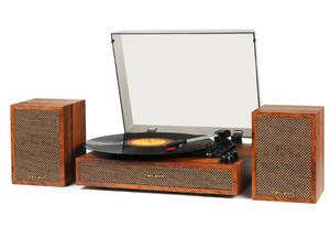 lot 15786 image: Vinyl Record Player with External Speakers, 3 Speed Bluetooth Turntable for Vinyl Records, Vintage Belt Drive Record Player with Stereo Speakers and Auto Stop, RCA Audio Out and Aux-in,Light Wood