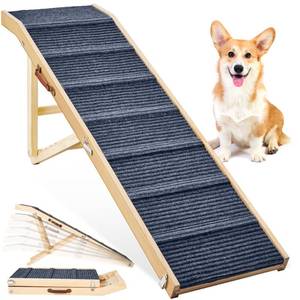 lot 15797 image: RETAILS $139.99   Dog Ramp for Bed, L64 W17 Foldable Pet Ramp for Small Large Dogs Cats, Dog Ramps for High Beds, High Traction with Platform 6 Adjustable Heights 24 to 30 Up to 220LBS