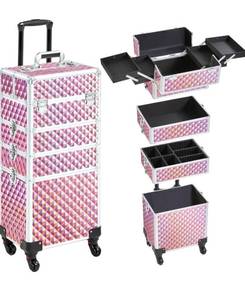 lot 15798 image: RETAILS $99.99 Yaheetech 4 in 1 Professional Makeup Train Case Rolling Cosmetic Trolley Makeup Case Organizer Makeup Travel Case with 4 Detachable Removable Wheels, Glitter Pink