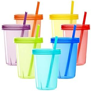 lot 15802 image: Youngever 7 Sets Plastic Kids Cups with Lids and Straws, 7 Reusable Toddler Cups with Straws in 7 Assorted Colors (B08ZCXZPMW)