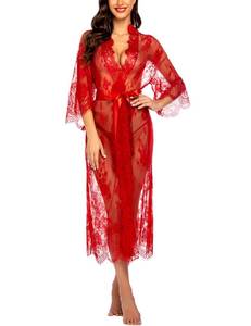lot 15806 image: Avidlove Women Sexy Long Lace Lingerie Kimono Robe Sheer Babydoll Nightgown Christmas Red Medium