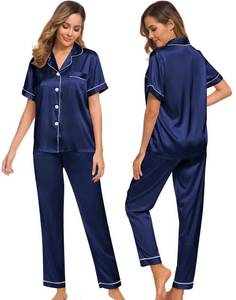 lot 15810 image: SWOMOG Women Satin Pajamas Set Short Sleeve Top & Pants Sleepwear Silky Button Down Nightwear 2pcs Loungewear Pjs Set Navy Blue X-Large