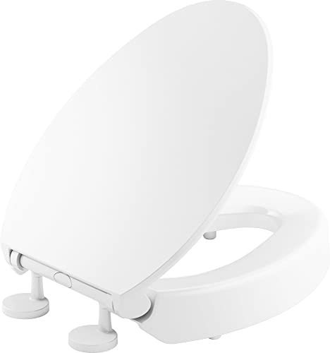 lot 47339 image: KOHLER 25875-0 Hyten Elevated Quiet-Close Elongated Toilet Seat, Contoured Seat with Grip-Tight Bumpers, Quick-Attach Hardware, White