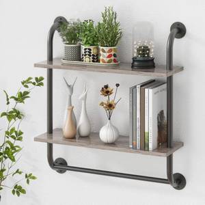 lot 42616 image: FLYJOE 2 Tier 24 Inch Bathroom Wall Shelf with Towel Bar, Rustic Industrial Pipe Shelves for Wall, Floating Shelves for Wall Decor - Rustic Brown