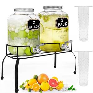 lot 42624 image: Amgkonp 2 Gallon Glass Beverage Dispenser with Stand,2 Pack Drink Dispenser for Parties Signs 188 Stainless Steel Spigot,Glass Dispenser with Fruit Infuser and Chalkboard,Leak-proof Spigot