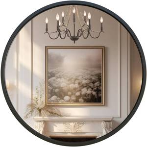lot 42642 image: G-LEAF Black Round Mirror 24 inch, Circle Mirror for Bathroom, Entryway, Vanity, Living Room, Round Bathroom Mirror for Wall