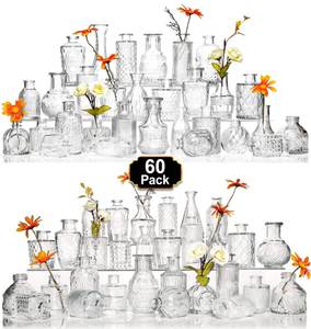 lot 42675 image: Arme Glass Bud Vase Set of 60 Pcs, Small Clear Glass Bud Vases in Bulk for Flowers, Rustic Wedding Centerpieces and Vintage Decorations, Perfect for Home, Table and Events with Elegant Design (One Broken)