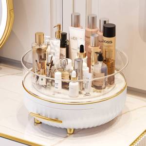 lot 42686 image: Saclsocs Makeup Skin Care Organizer for Dresser, Perfume Tray, Hair Product Organizer, 360 Degree Rotating Lazy Susan Cosmetic Storage, Contains a Drawer, White