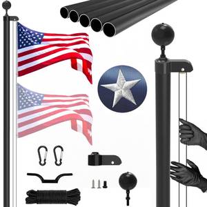 lot 42692 image: tectake 20FT Flag Pole Kit, Heavy Duty Aluminum Extra Thick Sectional Flagpole for Outside House Inground with Black Ball Top, 3x5 American Flag for Residential or Commercial Outdoor Garden Yard,Black