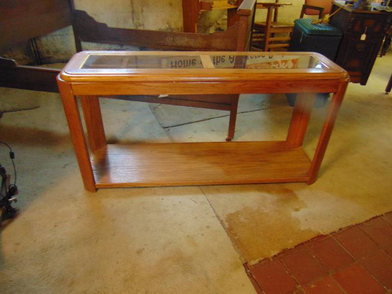 lot 8006 image: Wood with glass inlay sofa table, 54 x 16 x 27