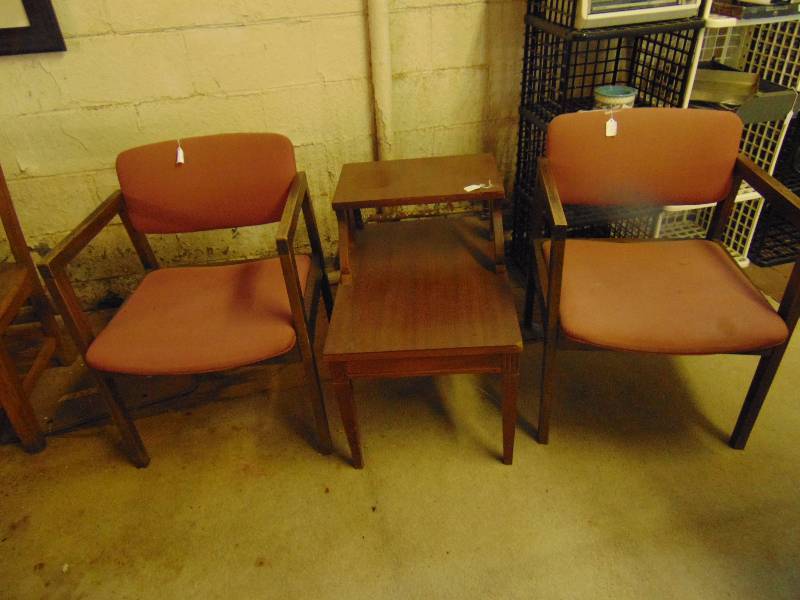 lot 8012 image: (2) rose upholstered chairs 16 seat height with wooden side table 17-12 x 26 23-12
