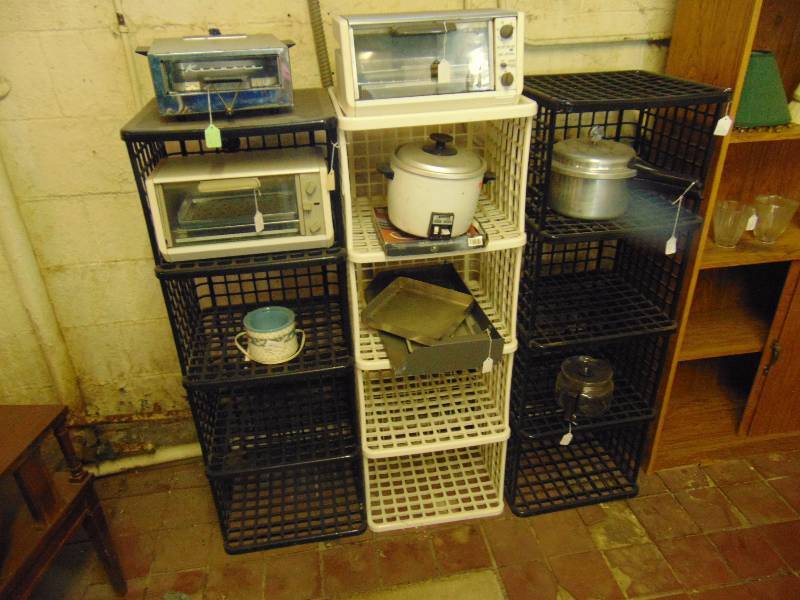 lot 8013 image: (3) plastic shelves and contents toaster ovens, pressure cooker,pans coffee carafes