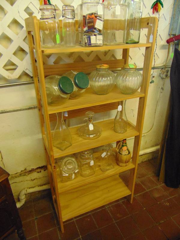 lot 8017 image: Wooden shelf 27-12 x 12 x 61 and contents glass canisters and bottles