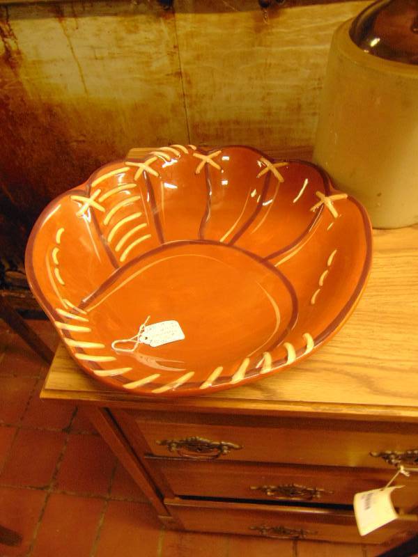lot 8043 image: Large Ceramic Baseball Mitt Serving Tray, by Clay Art, hand painted, 14 diameter