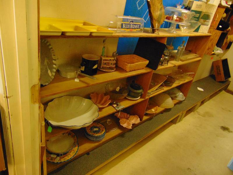 lot 8061 image: Wooden Shelf and contents dishes, canisters, basket, Shelf measures 7-12 x 41 T x 11 deep