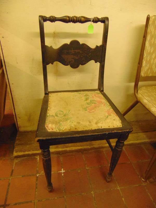 lot 8067 image: Antique wooden chair with fabric seat, 18 seat height