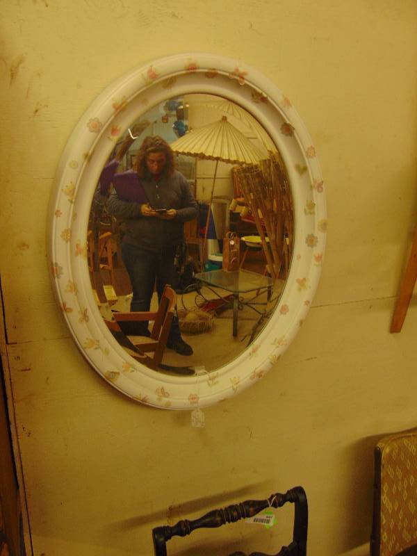 lot 8068 image: Oval Mirror, approx 27, painted white with butterfly and flower stickers