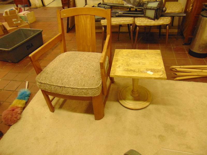 lot 8084 image: Wooden chair with fabric seat 16 seat height with square marble table 15 x 15 x 16