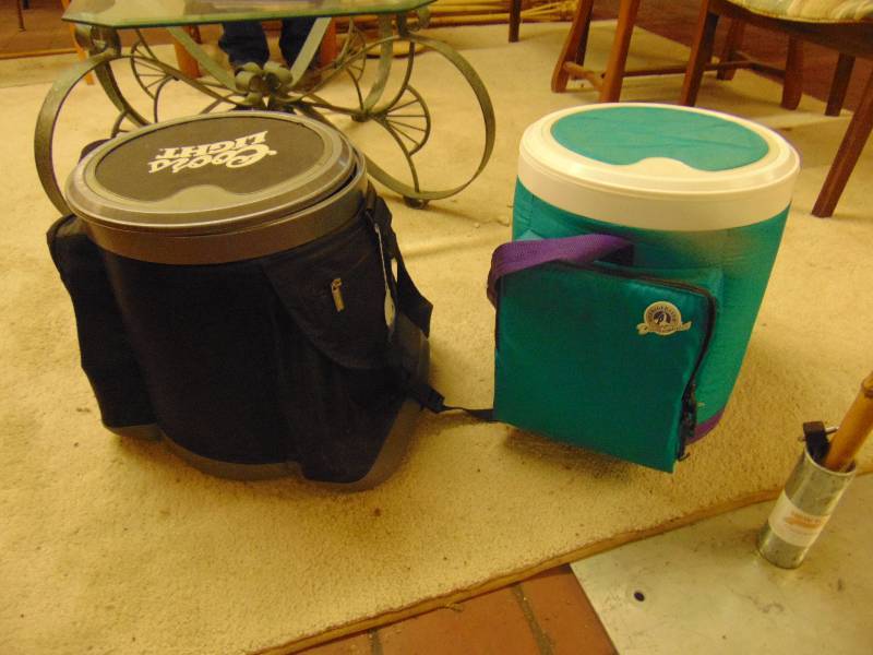 lot 8086 image: (2) ct. lot barrel style coolers with swivel lids and shoulder straps