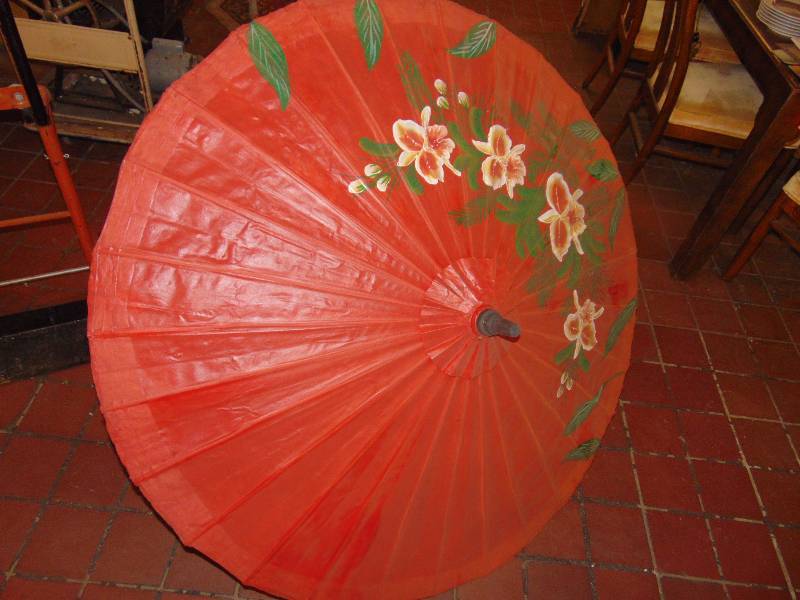 lot 8087 image: (3) ct. lot Bamboo and rice paper umbrellas (2) Red 50 diameter, (1) Ivory 58 diameter