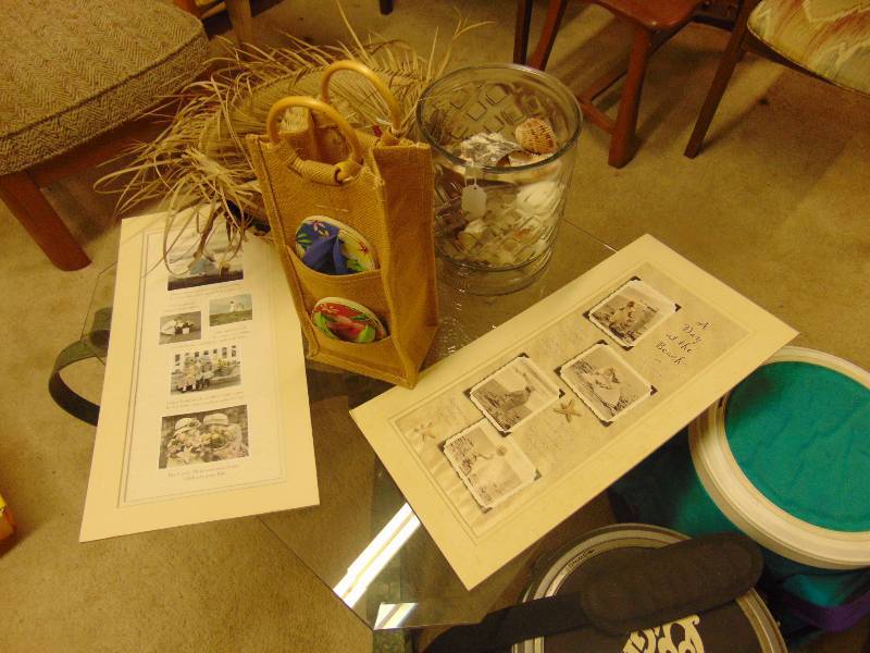 lot 8089 image: Mixed lot Beach hats, shells, picture mats, wine caddy with coasters