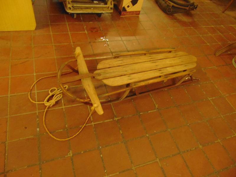 lot 8115 image: Vintage Wooden Sled with metal runners, 45 x 14