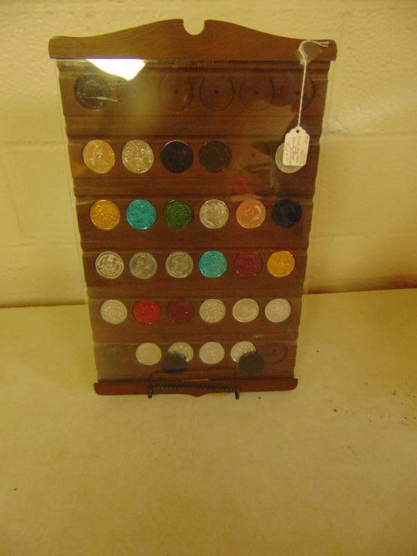 lot 8133 image: Wooden Coin Holder with Mardi Gras Doubloons