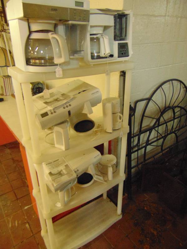 lot 8138 image: Plastic Shelf and Contents coffee makers and carafes