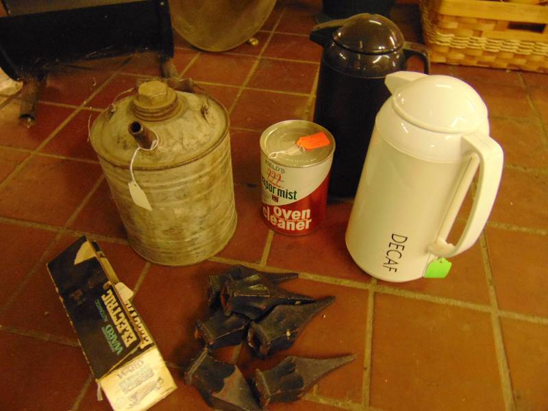 lot 8204 image: (11) ct mixed lot coffee pots, gas can, electric scissors, wrought iron finials