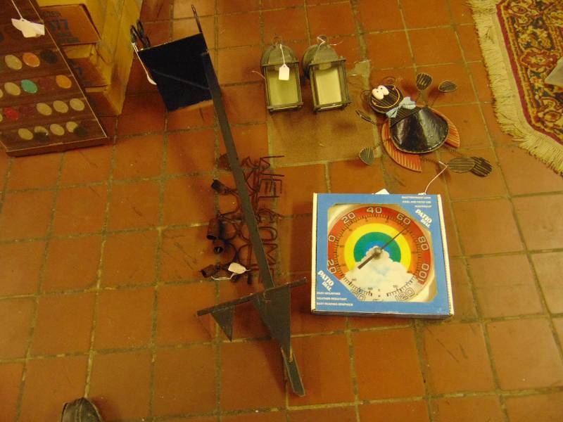 lot 8206 image: (6) ct. lot Outdoor Decor lights, hose holder, wind chimes, thermometer