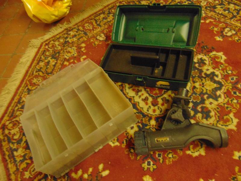 lot 8207 image: (3) ct mixed lot tackle boxes and fishing rod holder
