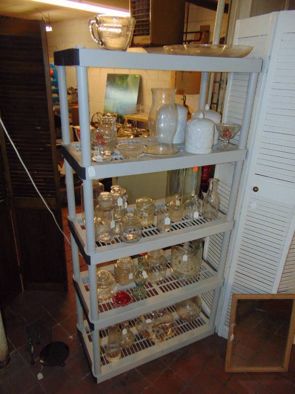 lot 8210 image: 5-tier composite plastic shelf and contents glass ware and canisters
